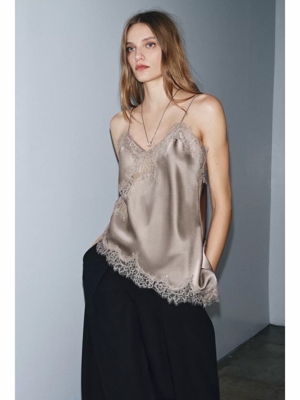 Zara ZW Collection Satin Lace Trim Cami in Taupe